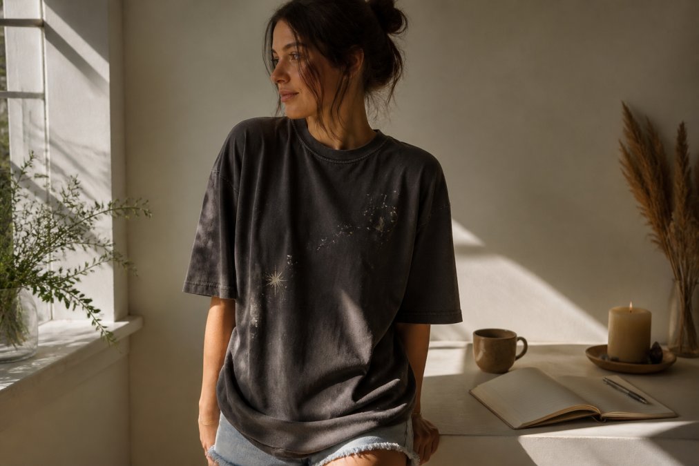 A person wearing an oversized vintage-washed t-shirt with subtle celestial accents, standing in a sunlit minimalist room with a journal and candle nearby, relaxed and intentional atmosphere