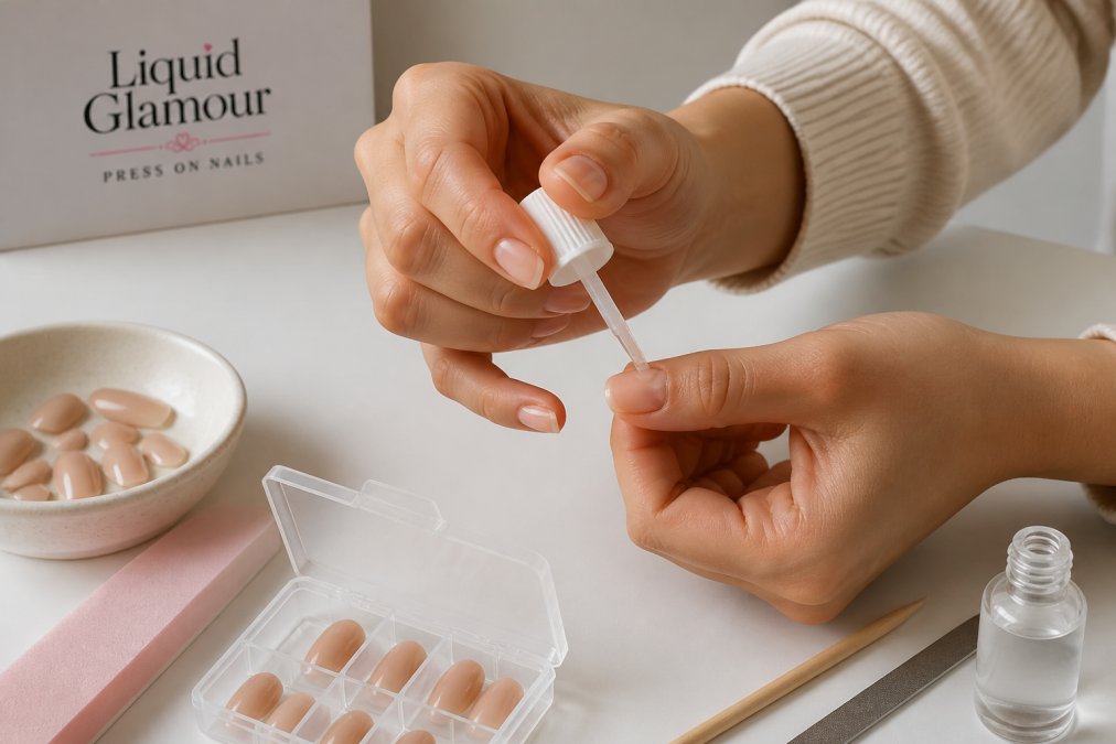 Close-up of a person's hands applying a press-on nail with a small brush of glue, showing the nail bed and cuticle prep on a clean white surface with natural lighting