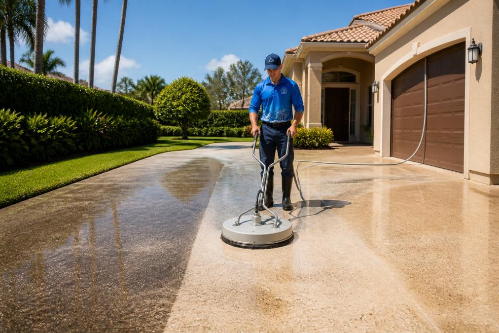 A professional pressure cleaning technician in branded uniform using a surface cleaner attachment on a residential driveway, with a clean, restored section visible next to a dirty section, bright afternoon sunlight