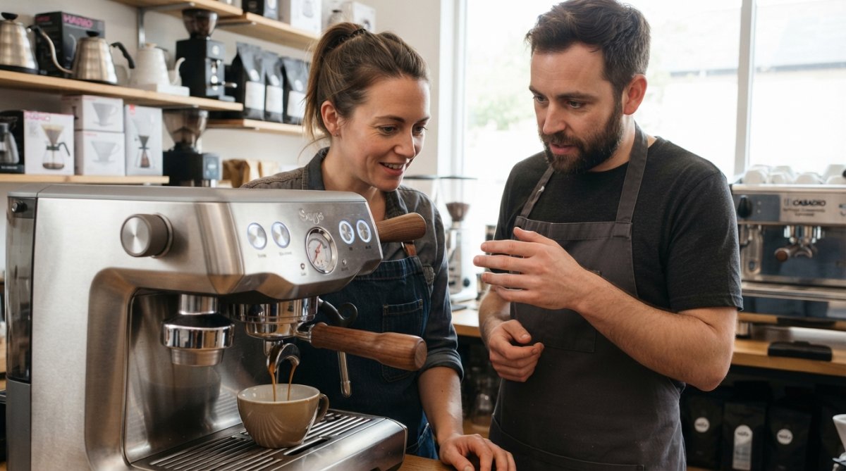 Close-up of espresso machine's group head with pressure gauge visible during extraction, dark crema flowing into white cup on wooden bar counter