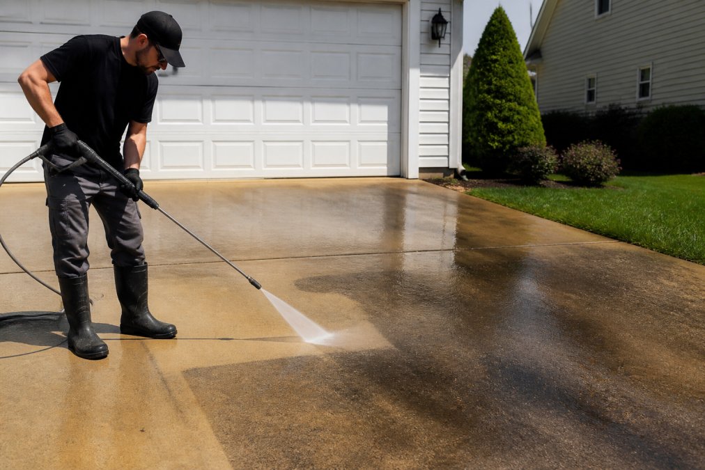 Professional demonstrating pressure washer technique on residential driveway with visible oil stains being removed and spray pattern clearly visible
