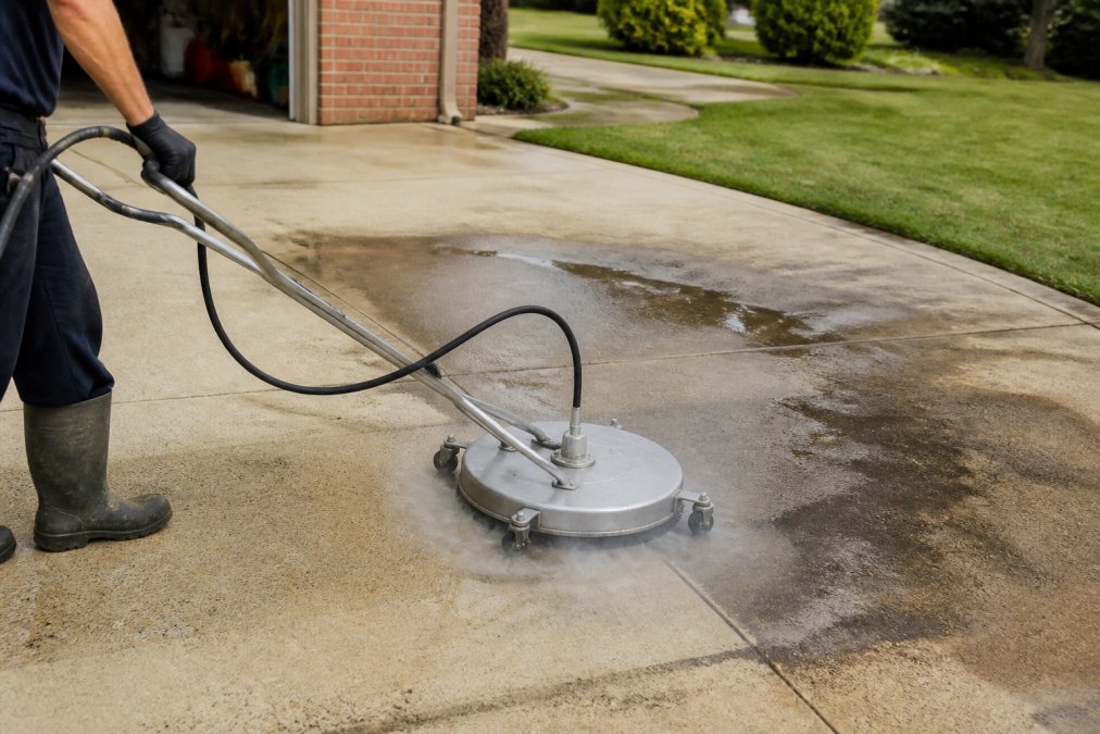 Professional pressure washer operator using surface cleaner attachment on concrete driveway with visible oil stains, demonstrating proper technique and equipment positioning