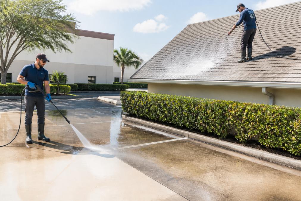 Technician on left side using high-pressure nozzle creating visible spray pattern on concrete parking lot surface, and technician on right side using low-pressure soft wash applicator on delicate roof shingles with chemical application, bright outdoor lighting showing the contrast in spray patterns