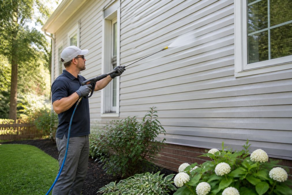 A technician in branded workwear using a low-pressure soft wash wand on a residential home's light gray vinyl siding on a bright sunny afternoon, with well-maintained green landscaping and flower beds visible in the foreground