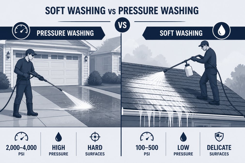 Side-by-side outdoor scene showing a worker on the left directing a high-pressure nozzle at a concrete driveway with visible spray force, and a worker on the right using a soft wash applicator wand to treat a shingled roof with white cleaning solution under overcast daylight
