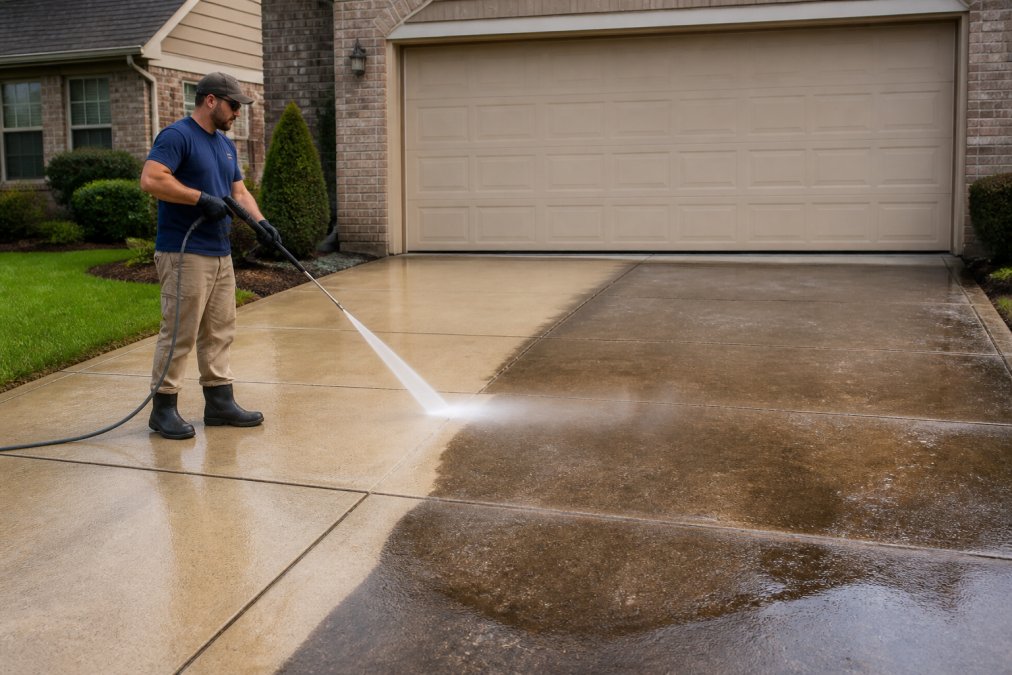 Professional pressure washing technician spraying cleaning solution on residential driveway with visible water spray and grime removal, showing contrast between cleaned and uncleaned concrete sections under bright daylight