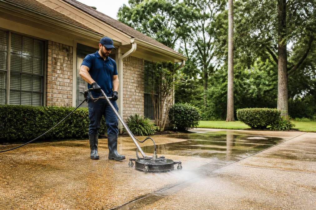 A professional pressure washing technician in safety gear cleaning a residential driveway with a surface cleaner attachment, water spray visible, house and trees in background