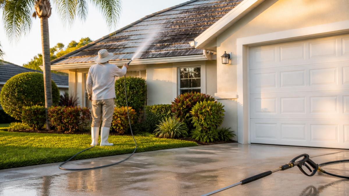 A technician in protective gear using a soft wash sprayer on a residential roof with visible black streaks, a pressure washer wand resting nearby on the driveway, late afternoon Florida sunlight
