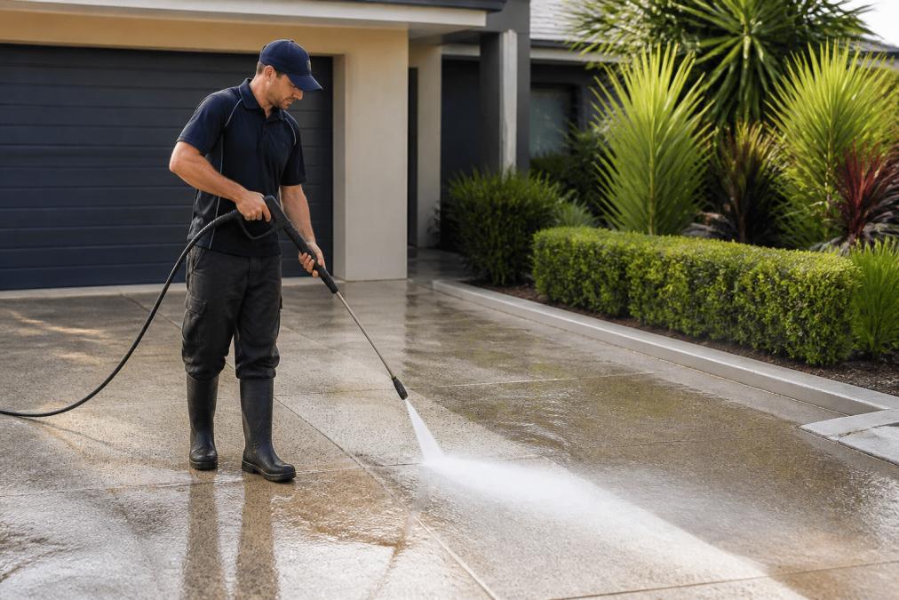 Professional technician using high-pressure equipment to clean a residential driveway with visible water spray and freshly cleaned concrete surface emerging behind the spray