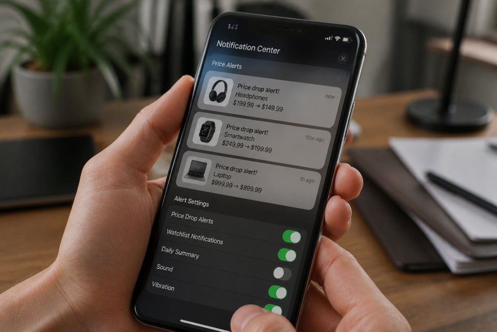 Close-up of a smartphone screen showing price drop notifications with alert settings displayed, notifications panel visible with product price changes highlighted