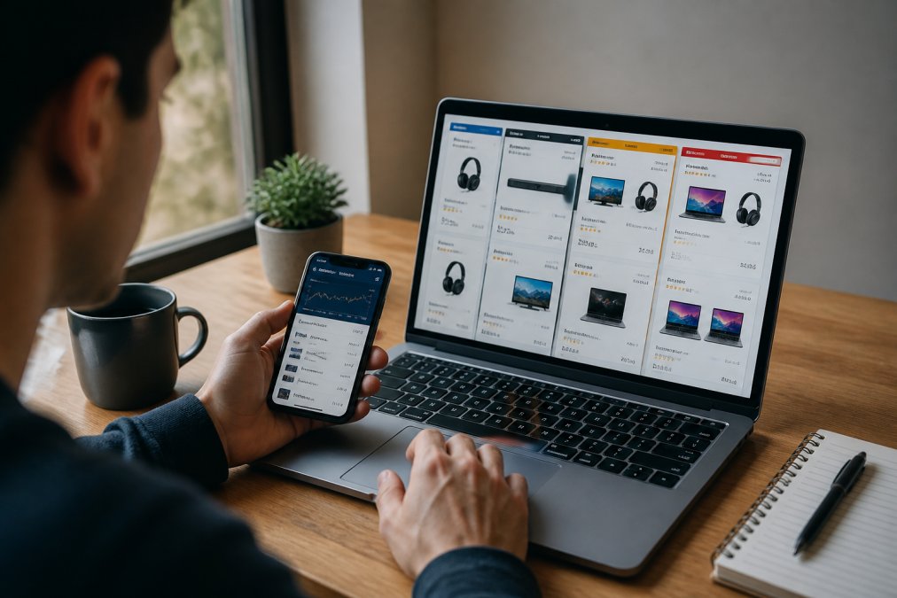 Person using laptop and smartphone simultaneously at a desk, comparing electronics prices on multiple retailer websites with price tracking app open on phone, natural window lighting