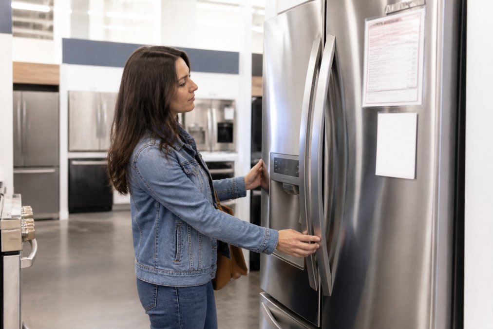 Homeowner examining a new stainless steel refrigerator in a modern kitchen showroom, comparing product specifications and price tags