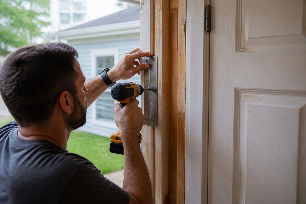 Homeowner's hands positioning a hinge shield on an exterior door frame, using a drill to install screws through reinforced hardware into the wooden jamb, with the door open to show the interior frame structure and natural daylight from outside