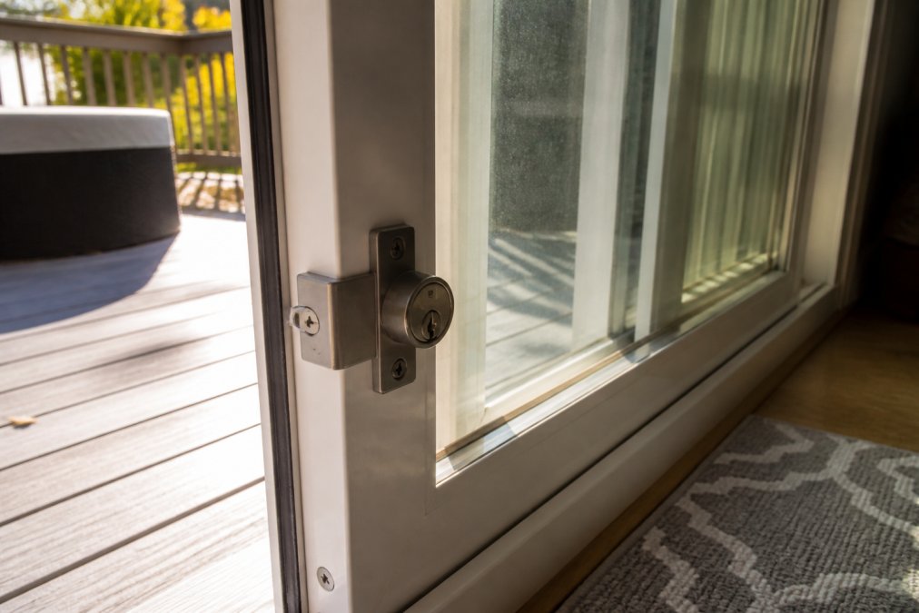Close-up view of a sliding glass patio door with a deadbolt lock mechanism installed on the frame, showing the lock engaged and the sliding door in its track with afternoon sunlight reflecting off the glass