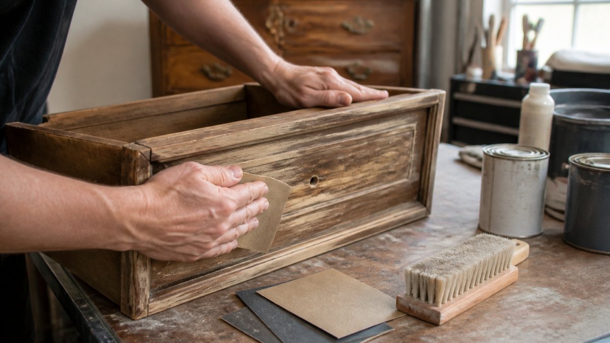 Close-up of hands sanding a vintage wooden dresser drawer in a bright garage workshop, with sandpaper and a dust brush on the workbench