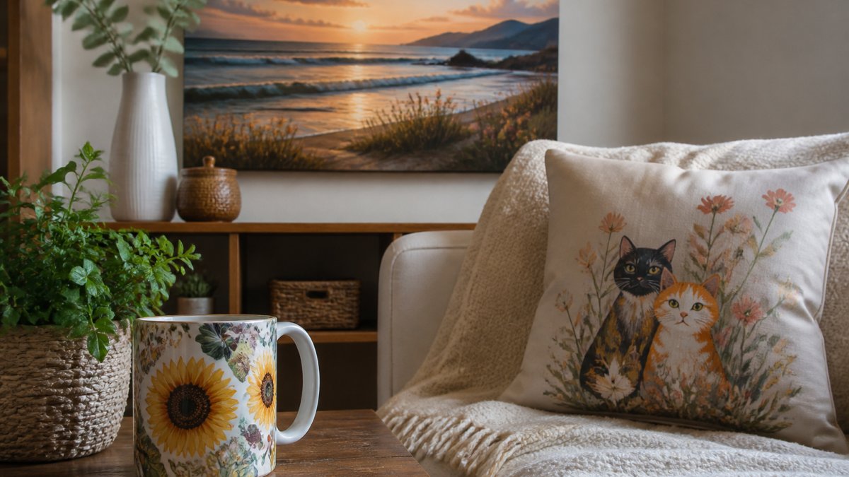 A cozy living room shelf styled with a printed mug, canvas wall art, and a graphic throw pillow, warm natural light, close-up product-in-context shot