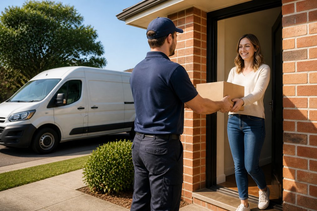 A courier van parked outside a suburban home, with a person in casual clothes receiving a parcel at the front door on a sunny day