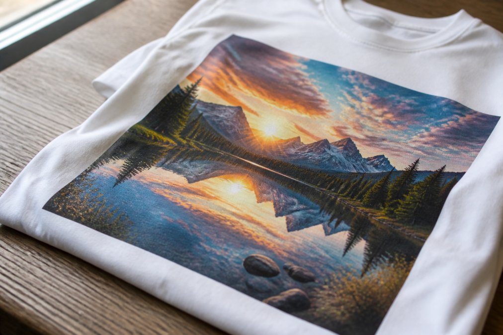 Close-up of a high-quality custom t-shirt with vibrant DTG print showing fine detail and color saturation on premium cotton fabric, natural daylight highlighting the print clarity