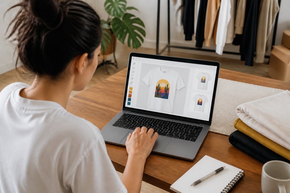 Designer working at a laptop with custom apparel design software open, showing the interface for creating and previewing designs on virtual garment mockups in a bright workspace