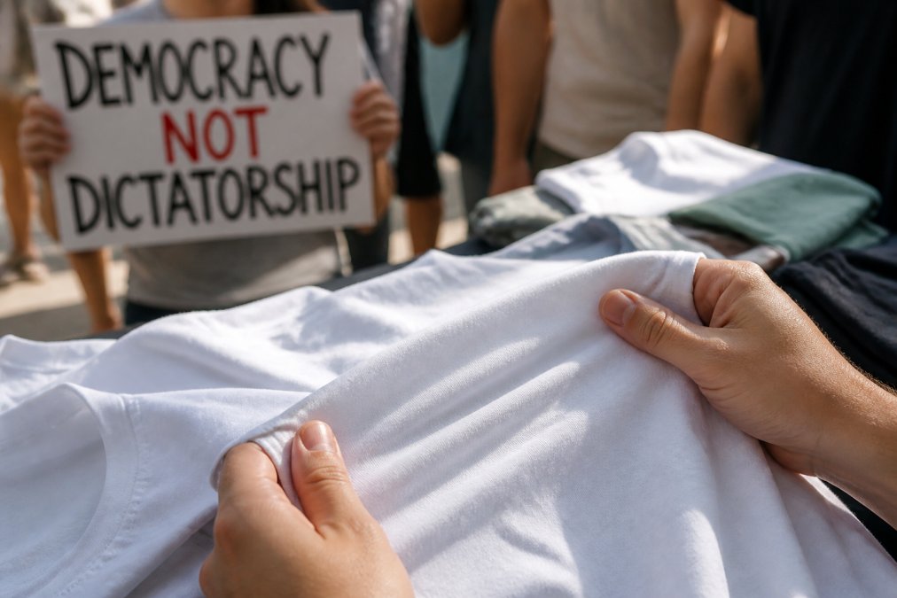 Close-up of hands feeling the texture of a soft cotton t-shirt, with a protest sign in the background, natural lighting