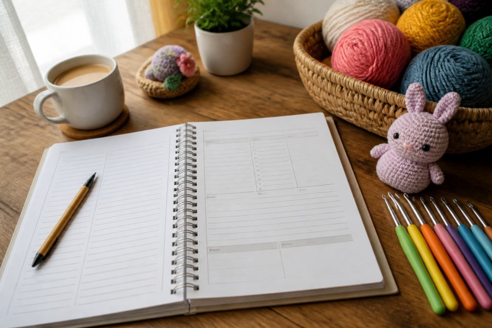 A neatly printed crochet planner open on a wooden desk beside a ball of colorful yarn, a set of crochet hooks, and a cup of coffee in warm morning light