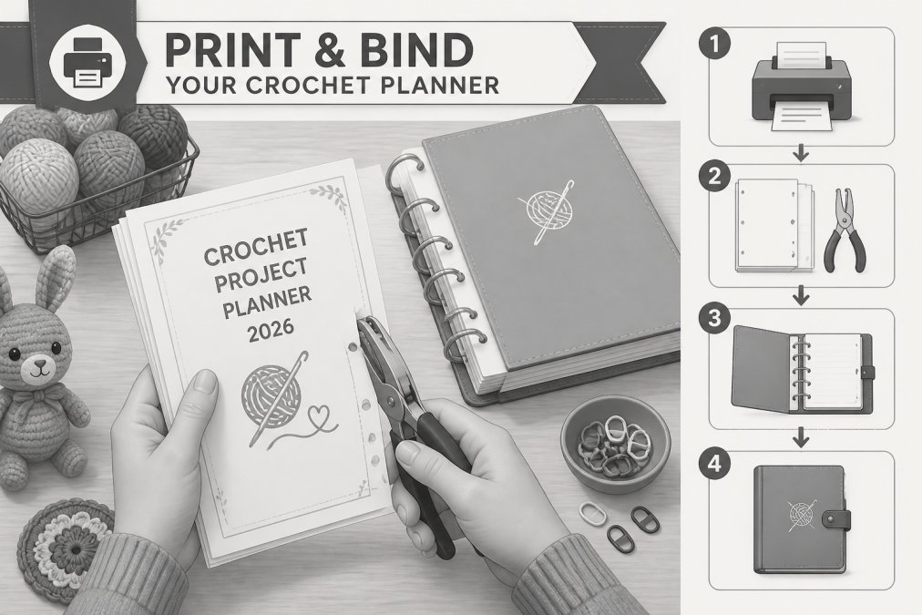 Close-up of hands hole-punching printed planner pages next to a binder, stitch markers, and yarn skeins arranged on a wooden craft room table under warm overhead lighting