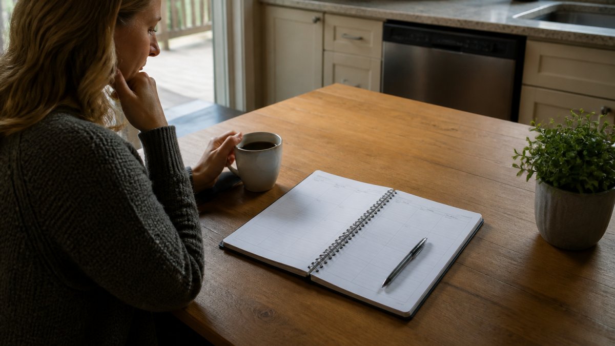 A person sitting at a wooden kitchen table with a printed weekly planner spread open, a pen resting on the page, and a cup of coffee nearby in soft morning light