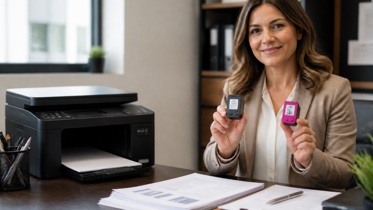 Office manager holding HP ink cartridges next to a desktop printer in a small business workspace, with papers, documents, and office supplies visible on the desk, natural window lighting