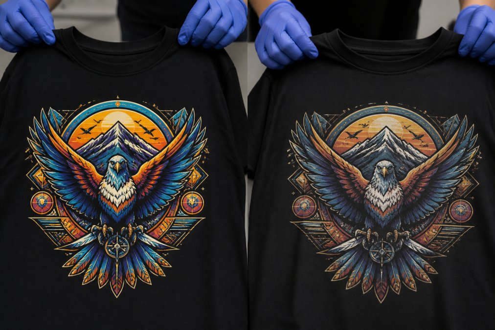 A gloved hand holding a finished black t-shirt with a highly detailed, multi-colored logo print, showing crisp fine lines, tiny text, and vibrant colors under bright studio lighting