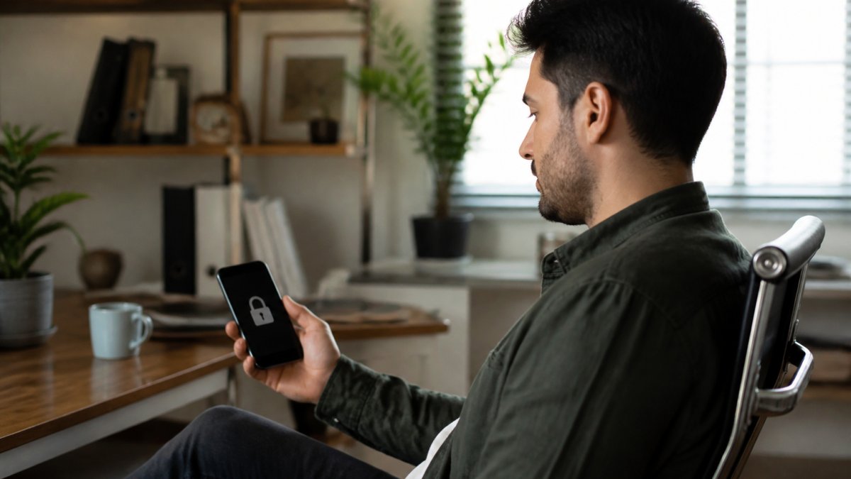 Person using a smartphone with a security icon in a home office, highlighting the need for the best privacy apps.