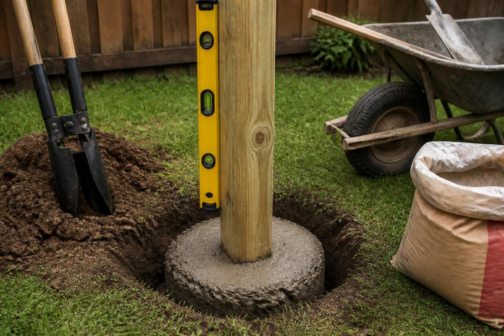 Step-by-step diagram for setting posts in concrete to reinforce privacy fence materials against high winds.