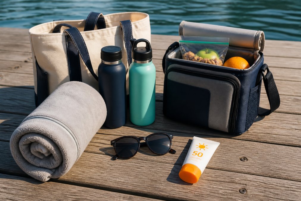A neatly arranged flat lay of lake day essentials on weathered wooden dock planks: a bottle of SPF 50 sunscreen, polarized sunglasses, a rolled light fleece jacket, two reusable insulated water bottles, a small cooler bag with snacks visible, and a canvas tote bag, photographed in warm afternoon light