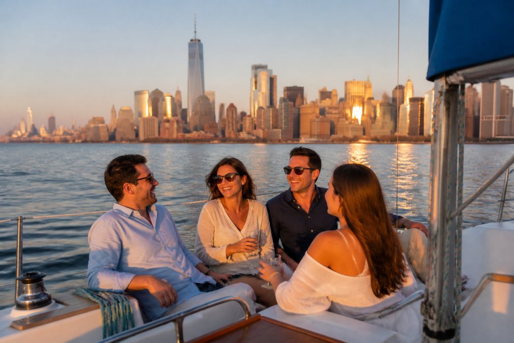 A small group of friends relaxing on the deck of a private sailboat with the Manhattan skyline and harbor water in the background at golden hour