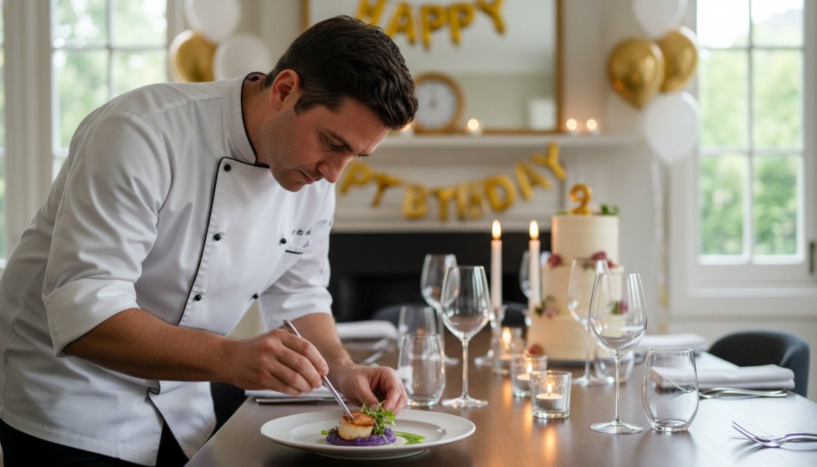 A professional private chef in a white chef's coat carefully plating an elegant gourmet dish at a beautifully set home dining table, with flickering candles and soft birthday decorations visible in the warm background lighting