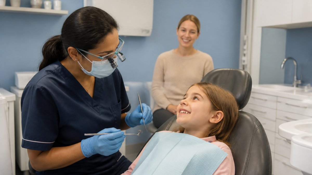 Calm, modern dental surgery with a young child in the treatment chair, dentist in protective gear smiling warmly, parent visible in background, bright overhead lighting and soft blue walls creating a welcoming atmosphere