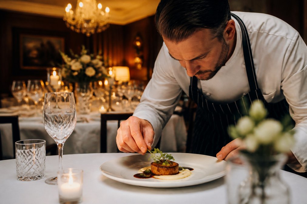 Professional chef carefully plating an elegant dish with microgreens and sauce in warm candlelit private dining room, with fine crystal glassware and white tablecloth visible in the background