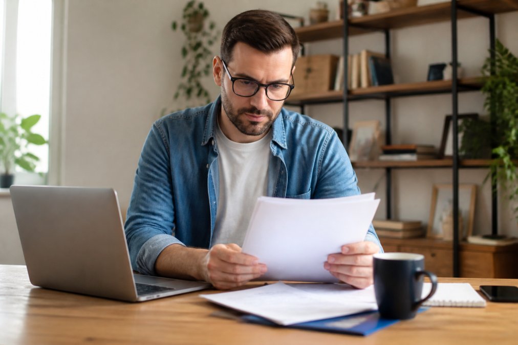 Self-employed professional reviewing private health insurance documents at a home office desk