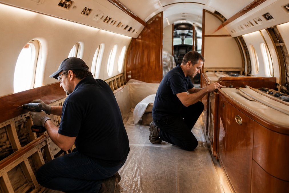 Professional technicians installing custom wood veneers and soft-touch sidewalls inside a private jet cabin, working on cabinetry details with precision tools and natural workshop lighting