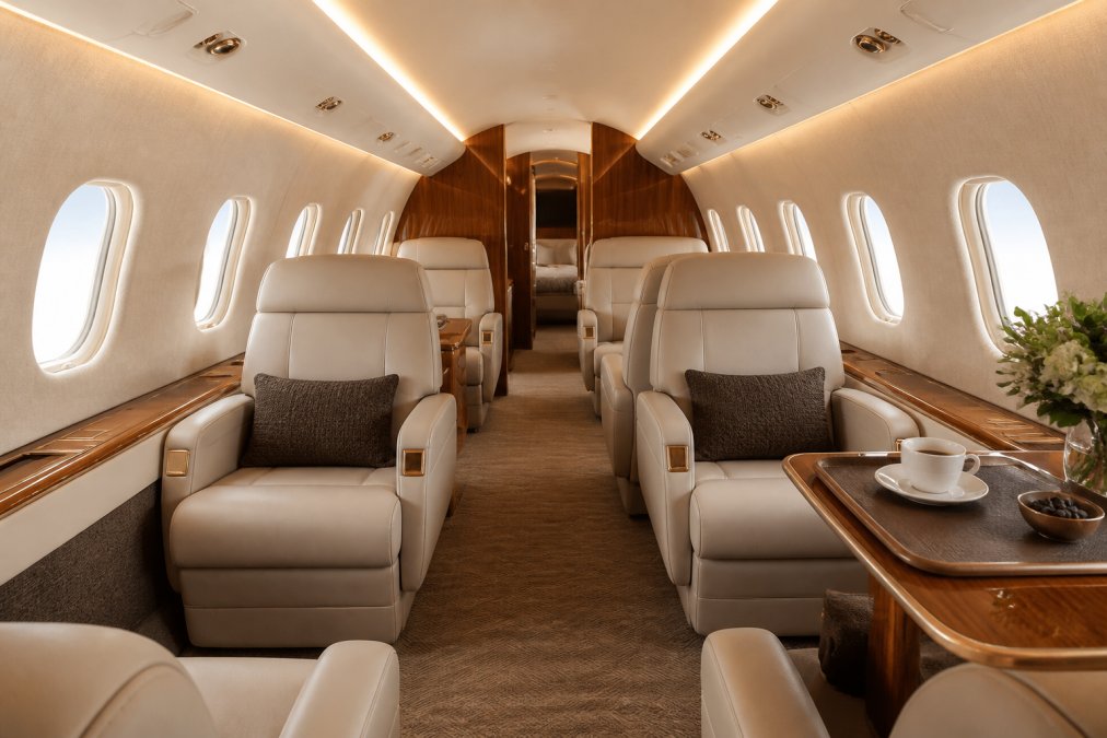 Interior view of a private jet cabin featuring soft-touch sidewalls in neutral tones, warm ambient lighting creating a serene atmosphere, hand-stitched leather seating, and minimalist decor with natural wood veneers in a modern cabin