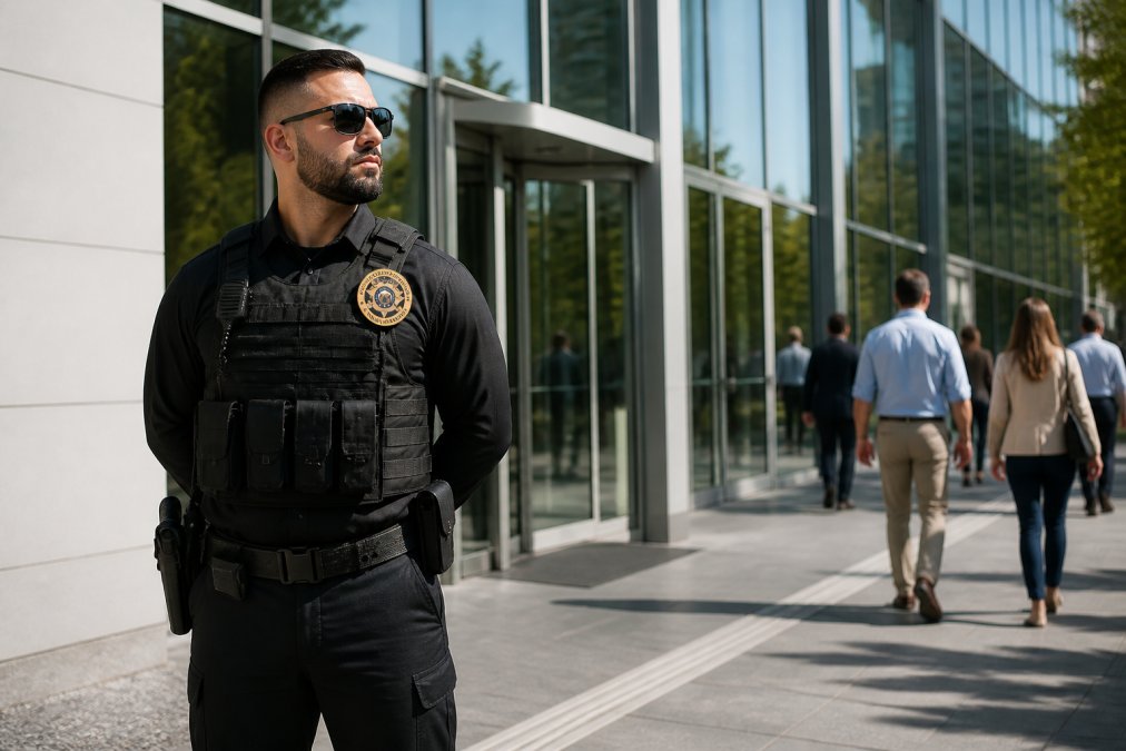 A uniformed armed security officer standing at the entrance of a modern commercial glass-facade building, hands clasped behind back, alert posture, bright daytime exterior lighting with pedestrians visible in the background
