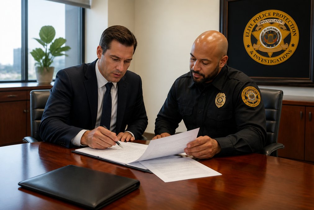 A business professional in a suit and a uniformed security firm representative reviewing printed contract documents together at a polished conference table in a well-lit professional office, both individuals focused on the paperwork
