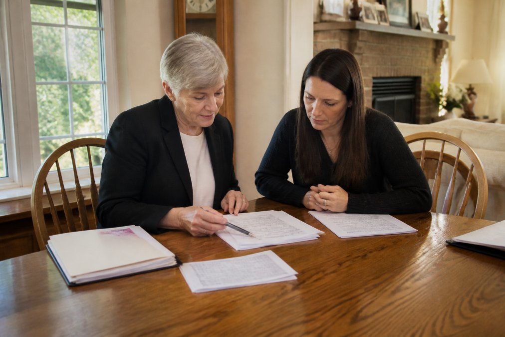 A compassionate professional consultant meeting with an adult child at a dining table, reviewing estate documents and a checklist together in a warm, well-lit home setting