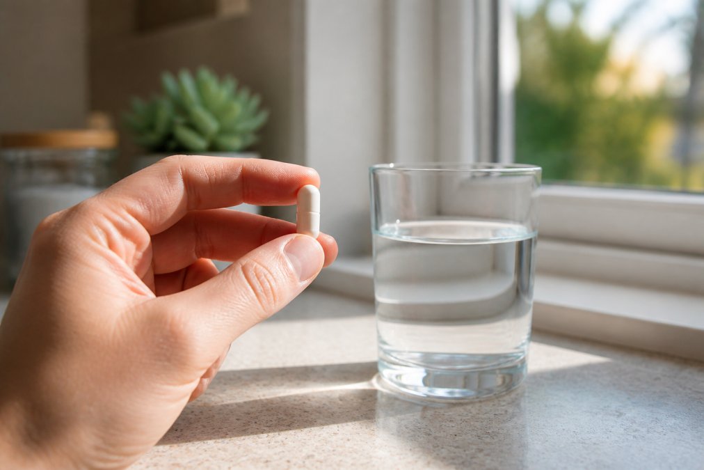 A close-up photograph of a white supplement capsule held in a person's hand next to a glass of water on a kitchen counter, with natural daylight coming through a window