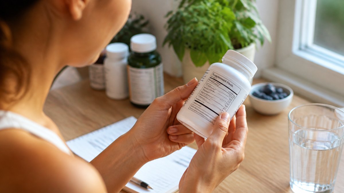 Woman reading a probiotic supplement label closely, examining the ingredient list and CFU count on a bottle in natural daylight
