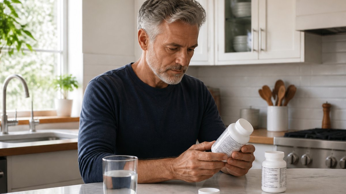A person over 40 reading a supplement label in a bright kitchen, with a glass of water and a bottle of capsules on the counter