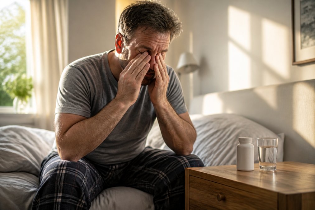 A man in his forties sitting on the edge of his bed in early morning light, rubbing his eyes beside a glass of water and a supplement bottle on a wooden bedside table