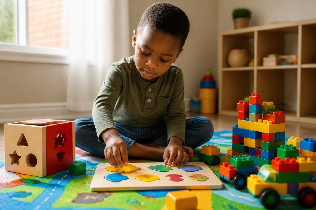 A young child sitting on a bright play mat, concentrating while fitting colourful wooden puzzle pieces together, with building blocks and a shape sorter nearby, soft afternoon light through a window