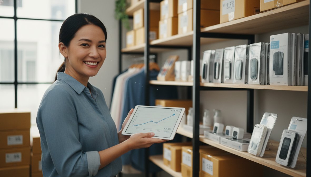 A smiling entrepreneur reviewing sales figures on a tablet while standing in front of organized product inventory shelves, warm warehouse lighting in the background
