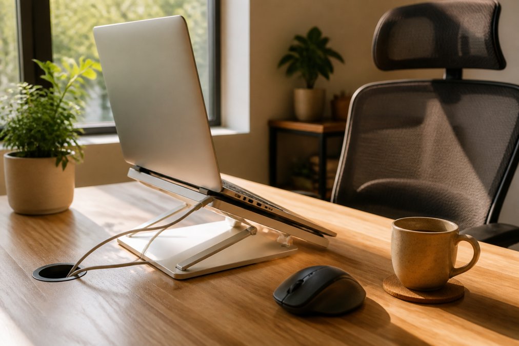 A well-lit home office desk with a silver laptop raised on an adjustable stand, a wireless ergonomic mouse to the right, neatly managed cables, and a cup of coffee in soft morning window light