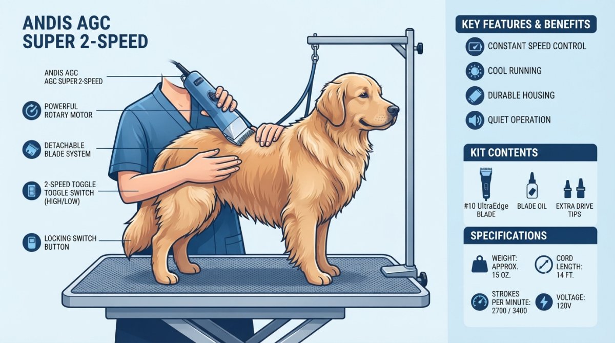 Professional groomer using Andis AGC Super 2-Speed corded clipper on fluffy golden retriever on grooming table, showing proper grip technique with natural studio lighting